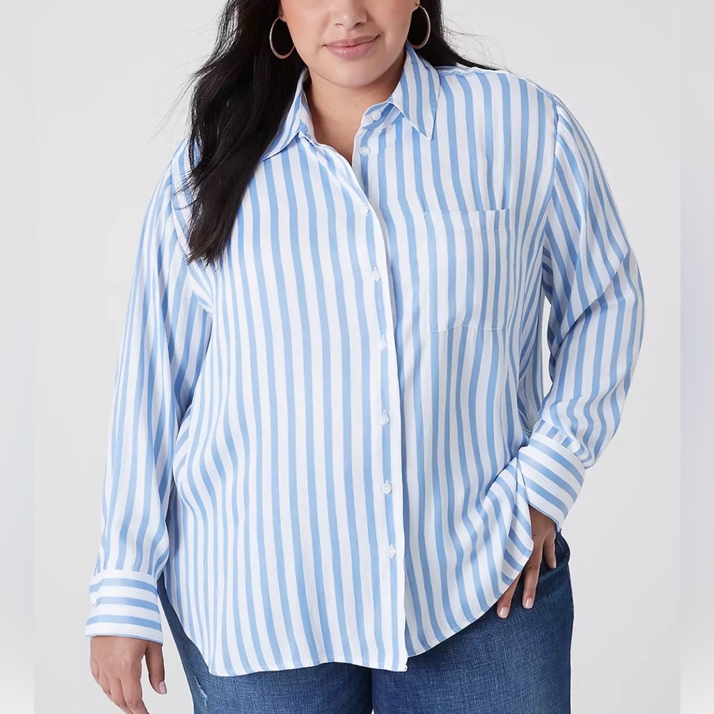 Lane Bryant Sky Blue and White Boyfriend Style Striped Button Down Shirt EUC